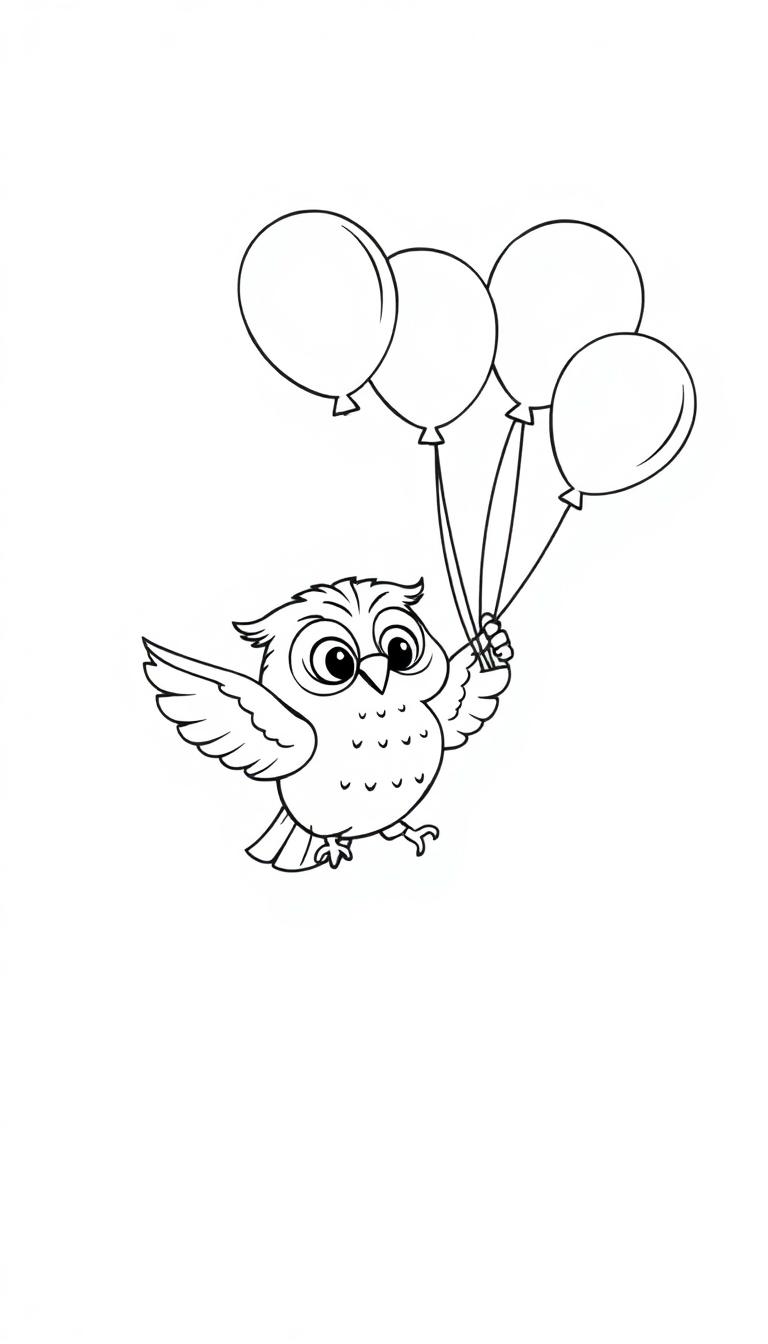 Uil vliegt weg met ballonnen, kleurplaat.