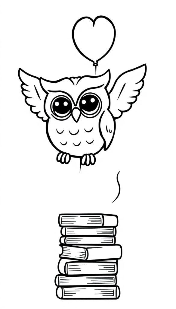 Uil zweeft boven boeken met ballon, klaar om in te kleuren! Kleurplaat.