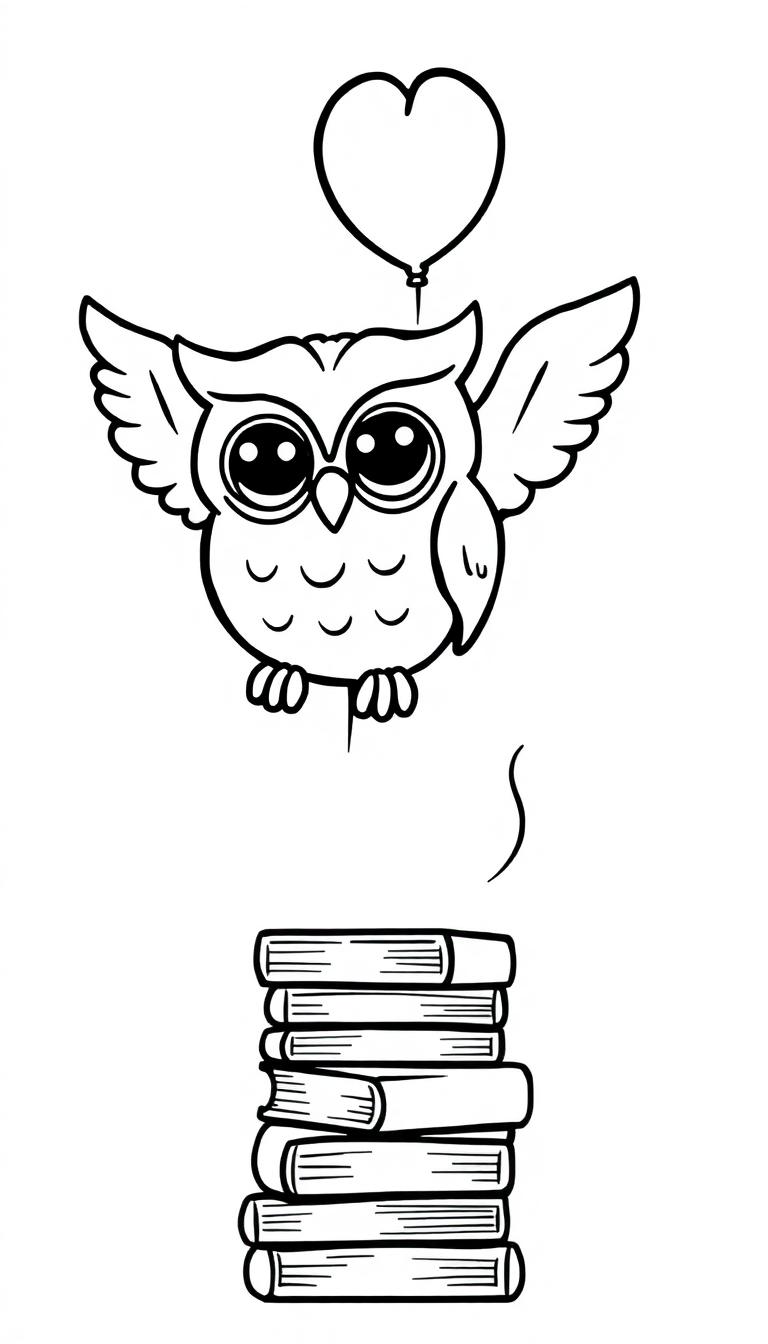 Uil zweeft boven boeken met ballon, klaar om in te kleuren! Kleurplaat.