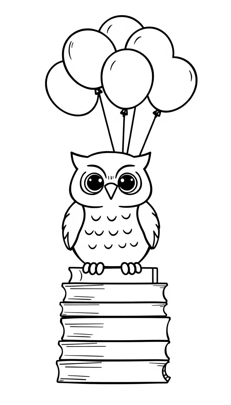 Kleurplaat van een uil met ballonnen bovenop een stapel boeken.