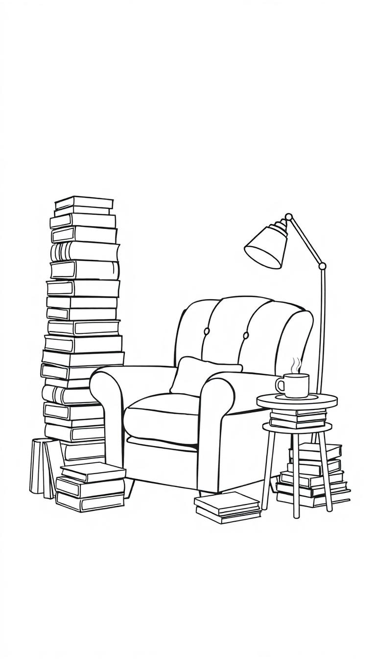 Kleurplaat van een gezellige leeshoek met stapels boeken.