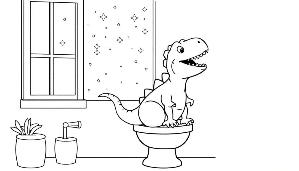 Dino op de wc kleurplaat, met sterren en een grote glimlach.