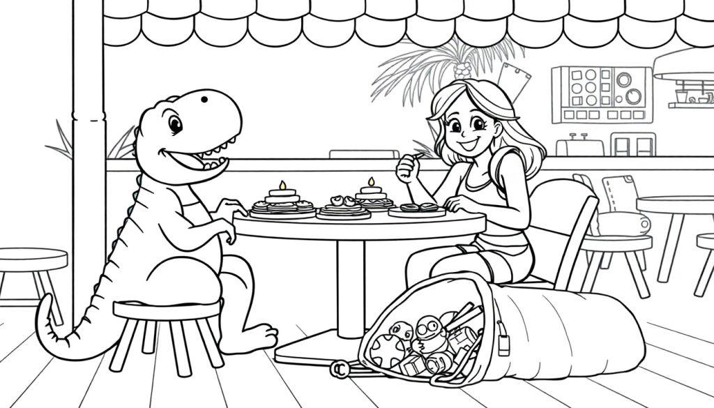 Dino en meisje kleurenplaat in restaurant