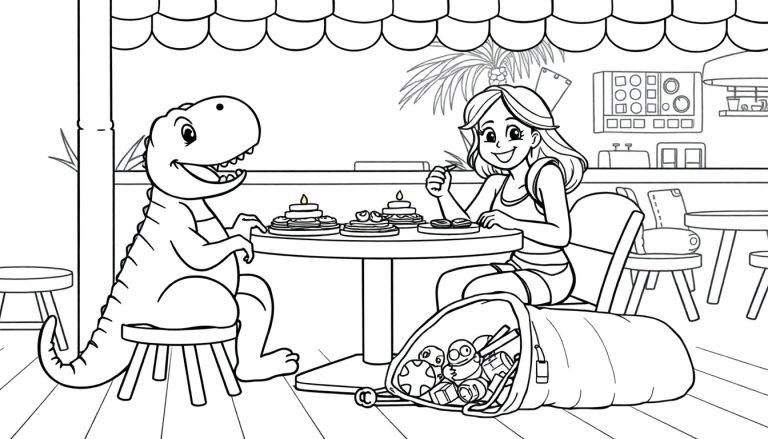 Dino en meisje kleurenplaat in restaurant