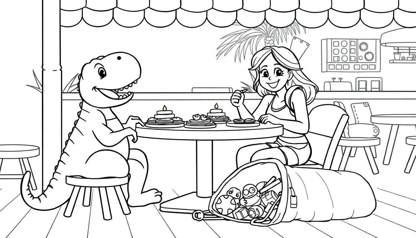 Dino en meisje kleurenplaat in restaurant