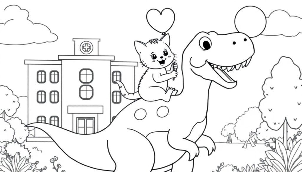 Kleurplaat: Kat rijdt op dino met ballon bij ziekenhuis.