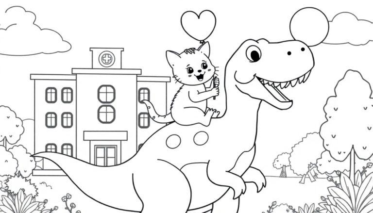 Kleurplaat: Kat rijdt op dino met ballon bij ziekenhuis.