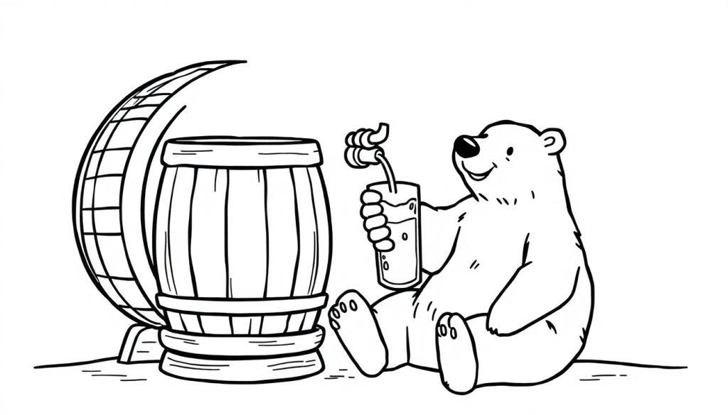 Kleurplaat van een ijsbeer met een biervat en een glas drinken.