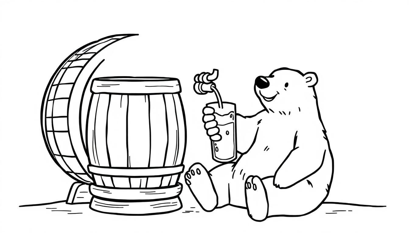 Kleurplaat van een ijsbeer met een biervat en een glas drinken.