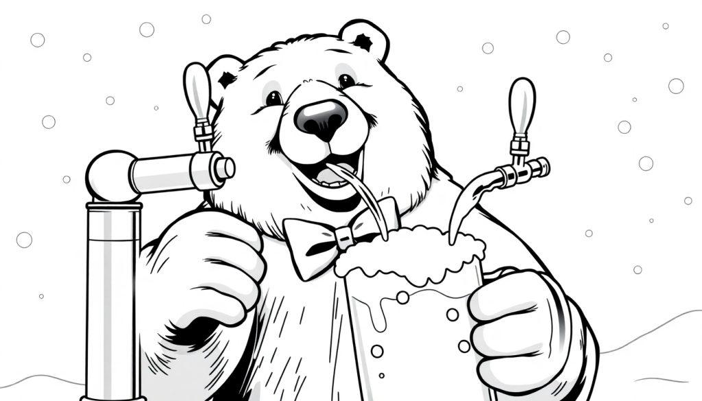 Kleurplaat: IJsbeer tapt bier met vlinderdas.