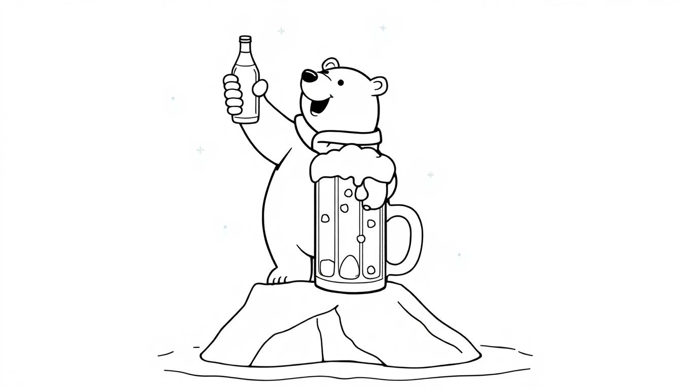 Kleurplaat van een ijsbeer met een biertje op een ijsberg.