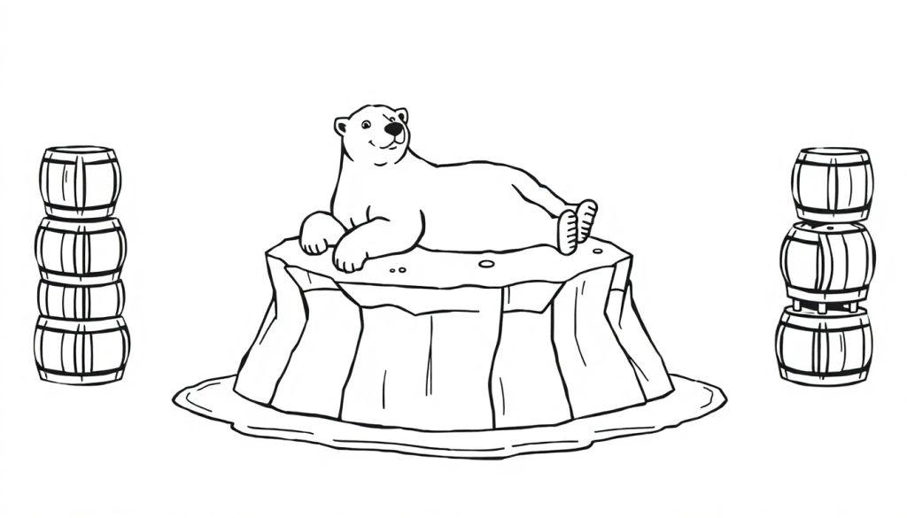 Kleurplaat van een ijsbeer op een ijsberg met vaten.