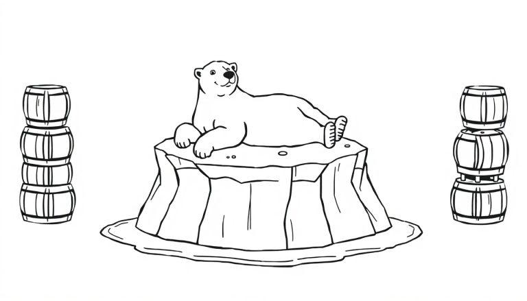 Kleurplaat van een ijsbeer op een ijsberg met vaten.