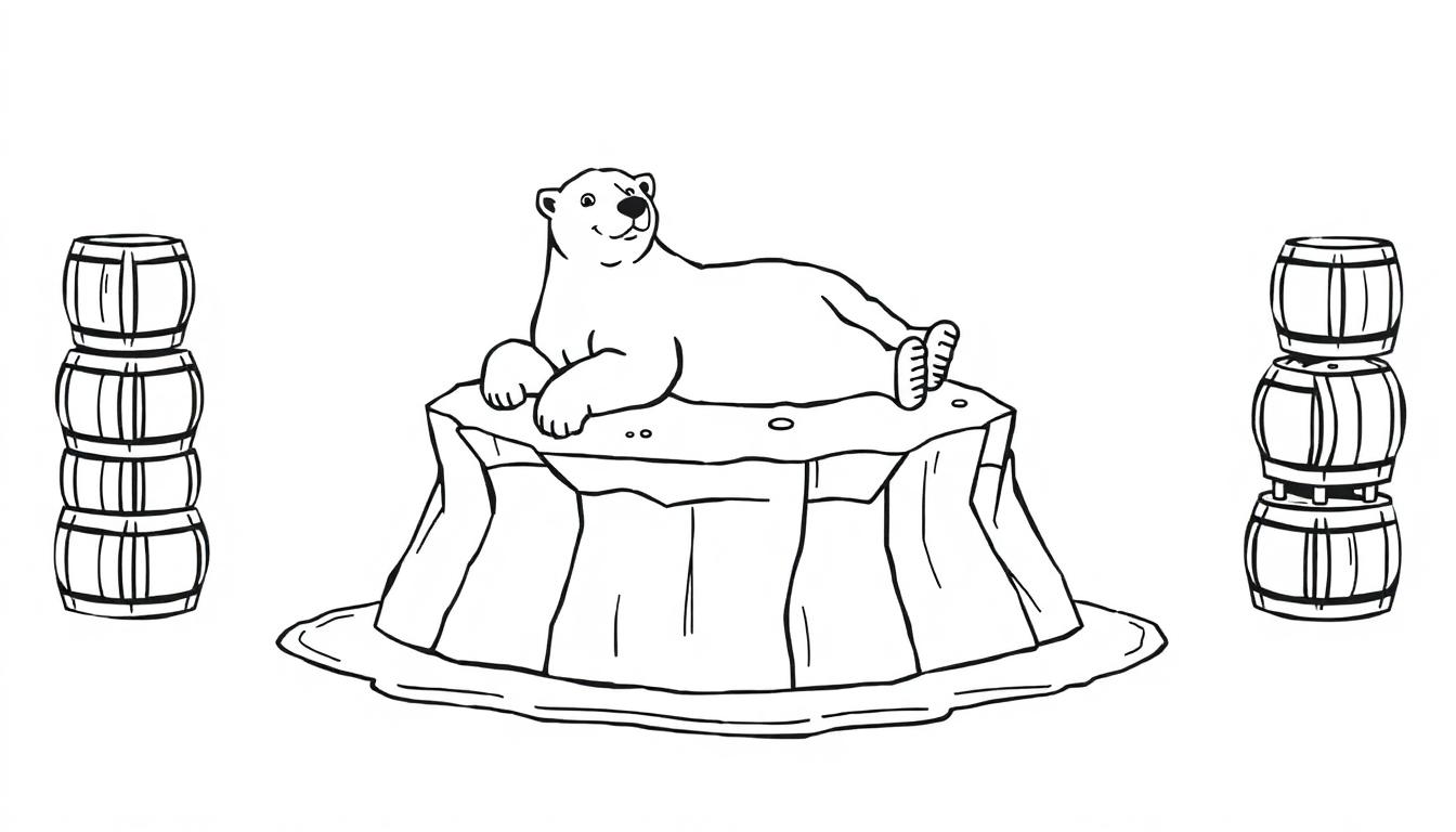 Kleurplaat van een ijsbeer op een ijsberg met vaten.
