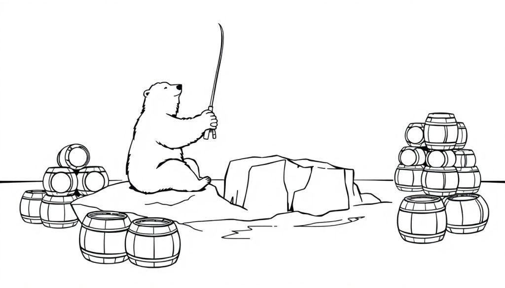 IJsbeer kleurplaat op ijsschots met biervaten.