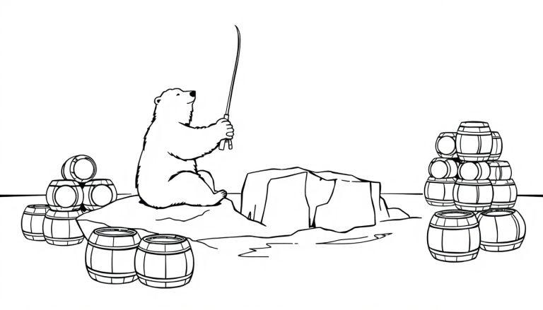 IJsbeer kleurplaat op ijsschots met biervaten.