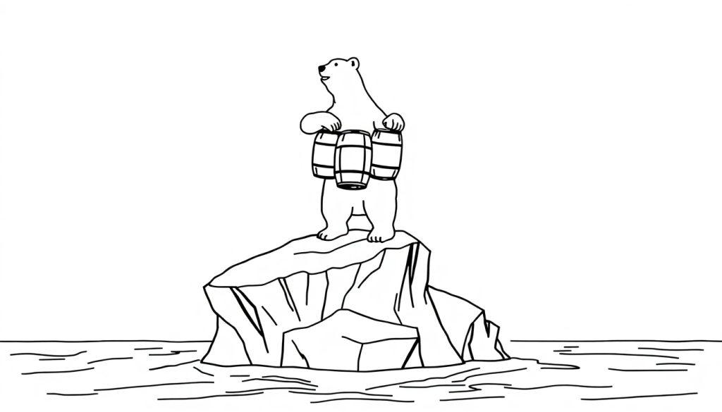 Kleurplaat van een ijsbeer met vaten op een ijsberg.