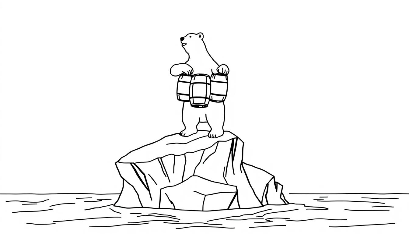 Kleurplaat van een ijsbeer met vaten op een ijsberg.