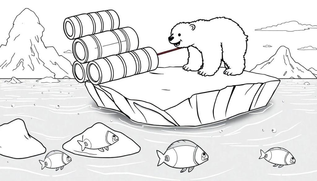 IJsbeer trekt aan vaten op een ijsschots, een leuke kleurplaat!