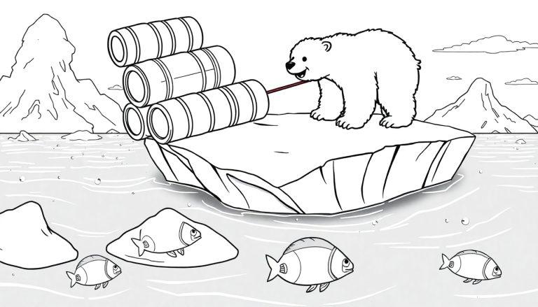 IJsbeer trekt aan vaten op een ijsschots, een leuke kleurplaat!