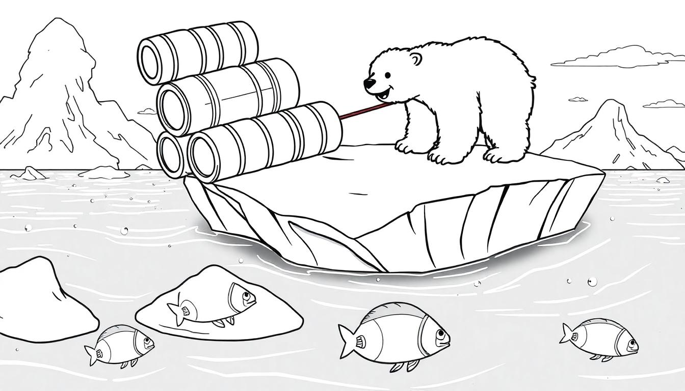 IJsbeer trekt aan vaten op een ijsschots, een leuke kleurplaat!