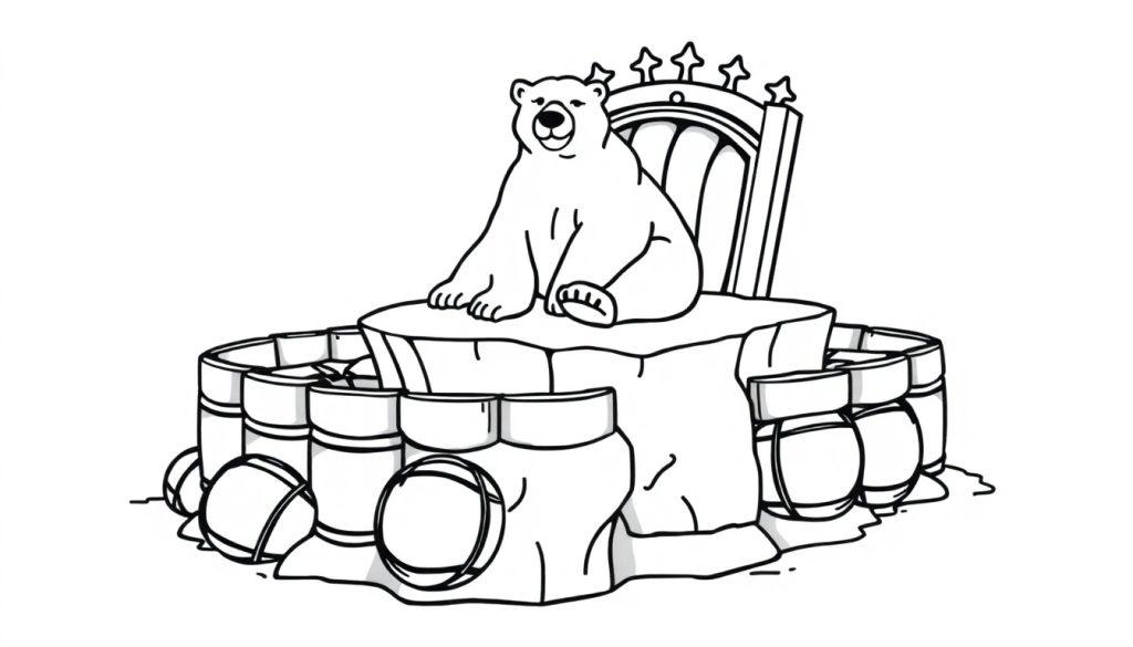 Kleurplaat van een ijsbeer op een ijsrots met vaten.