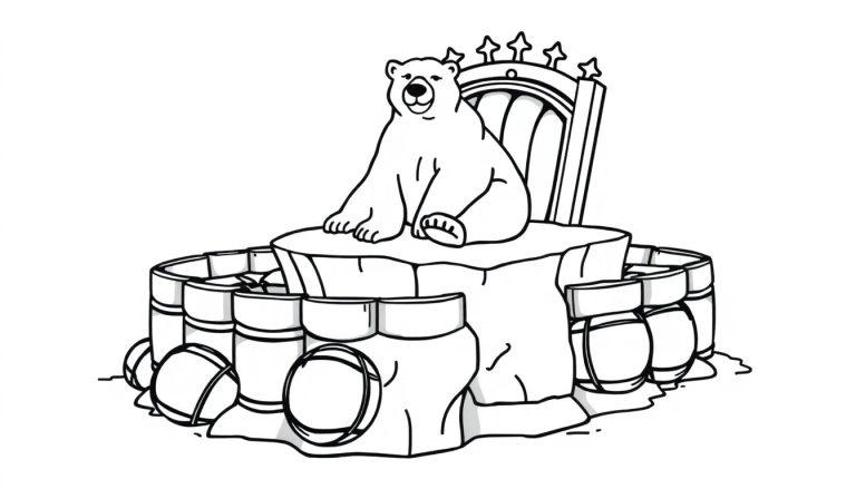 Kleurplaat van een ijsbeer op een ijsrots met vaten.