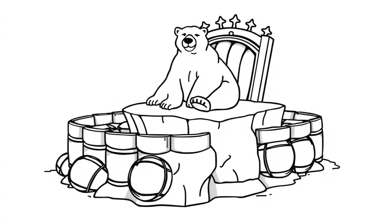 Kleurplaat van een ijsbeer op een ijsrots met vaten.