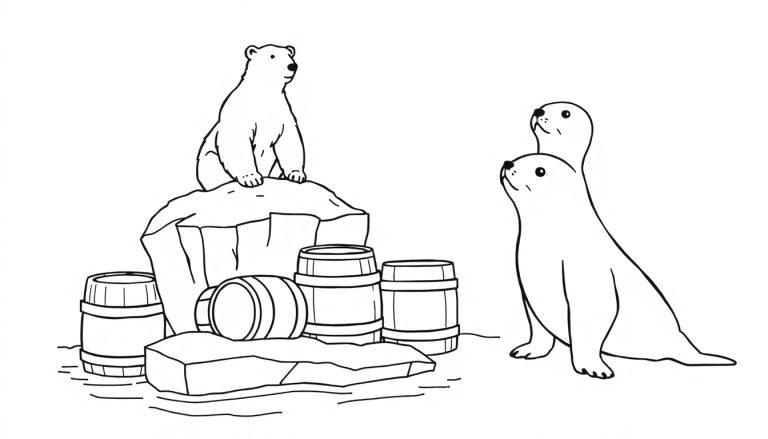 Kleurplaat van een ijsbeer, zeehonden en biervaten op een ijsberg.