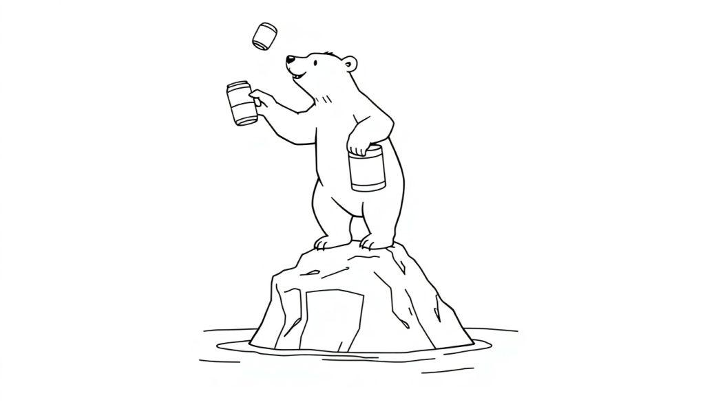 Kleurplaat van een ijsbeer die jongleert met blikken op een ijsberg.