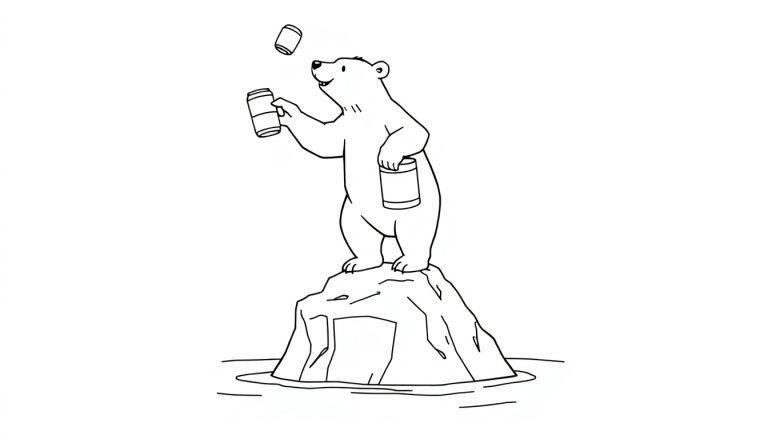 Kleurplaat van een ijsbeer die jongleert met blikken op een ijsberg.