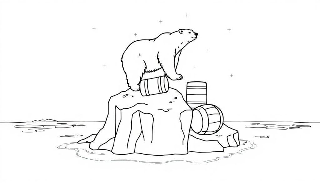 Kleurplaat van een ijsbeer op een smeltende ijsberg met biervaten.