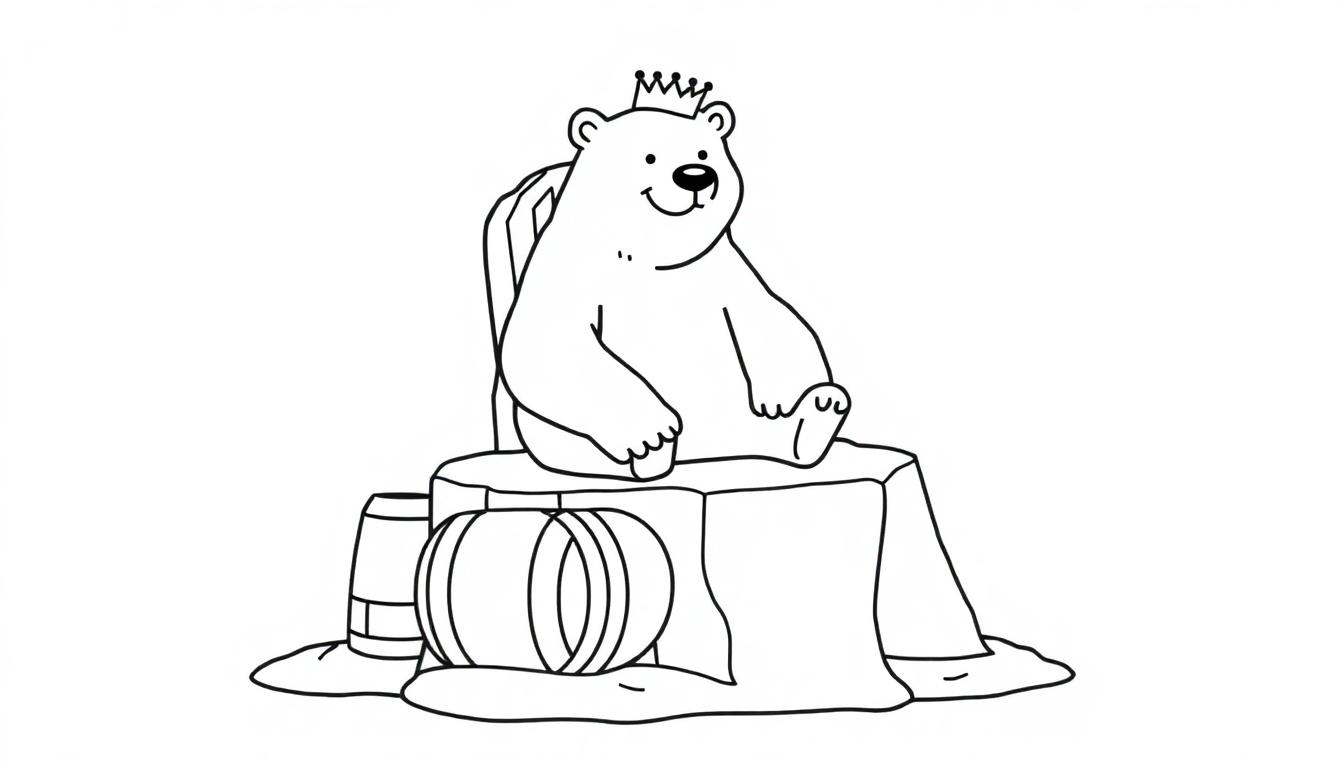Kleurplaat: IJsbeer Koning op zijn ijs-troon met biervaten