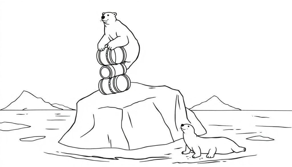 Kleurplaat van een ijsbeer op biervaten, een zeehond en een ijsberg.