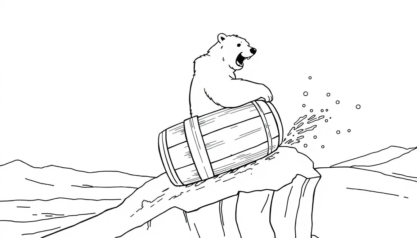 Kleurplaat van een ijsbeer op een ijsberg met biervaten