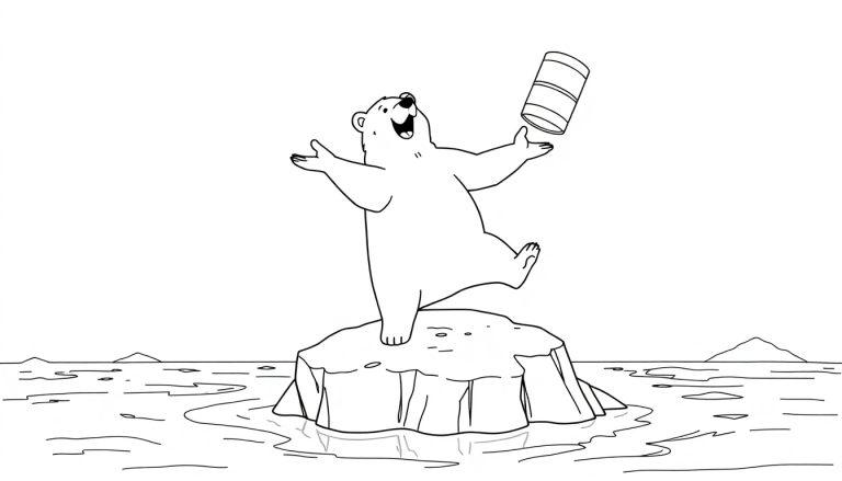 Kleurplaat van een ijsbeer met een biervat op een ijsberg.