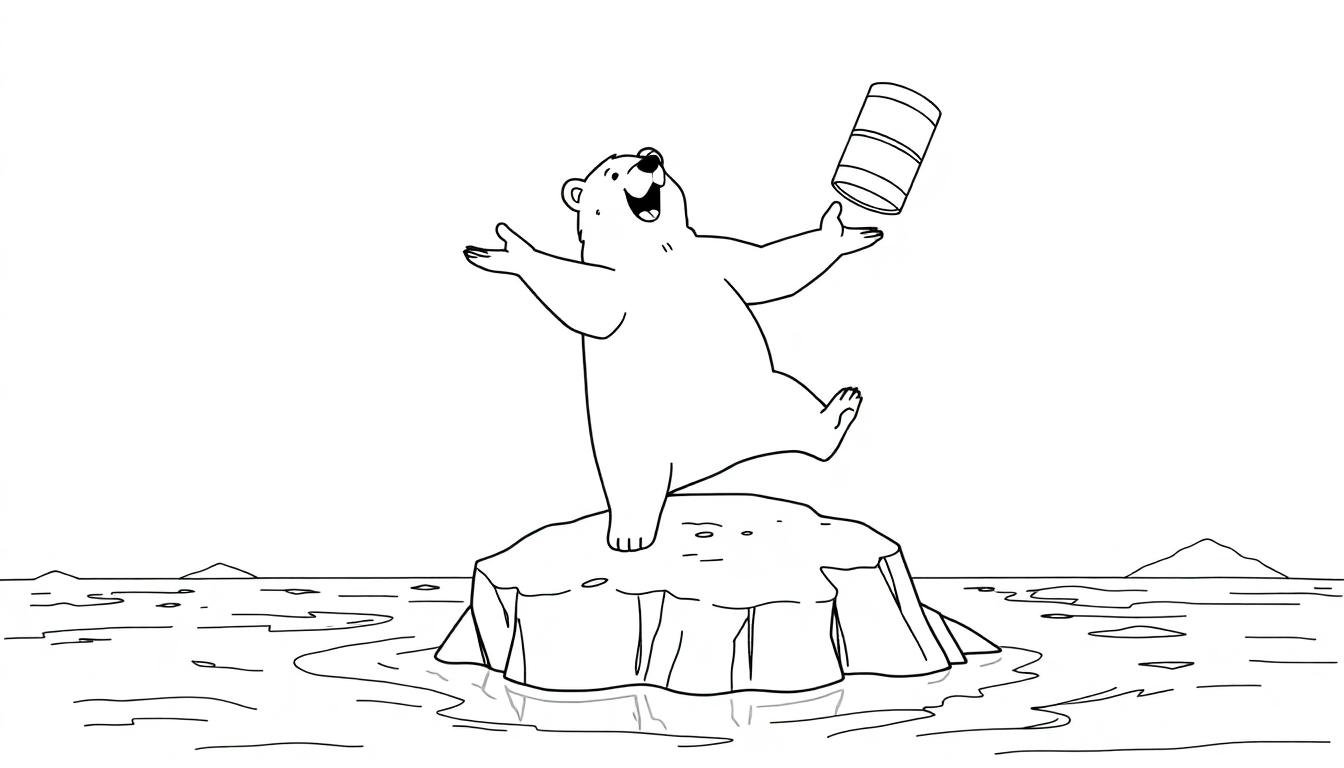 Kleurplaat van een ijsbeer met een biervat op een ijsberg.