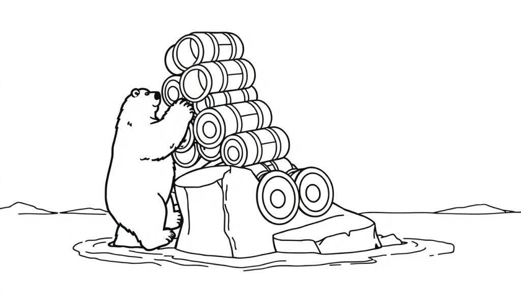 IJsbeer kleurplaat op een kleine ijsschots met biervaten.