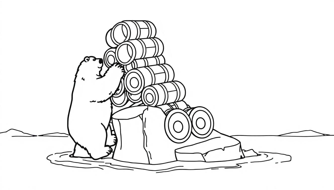 IJsbeer kleurplaat op een kleine ijsschots met biervaten.