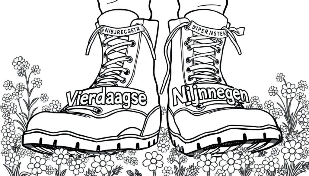 Vierdaagse Nijmegen kleurplaat wandelschoenen in bloemenveld