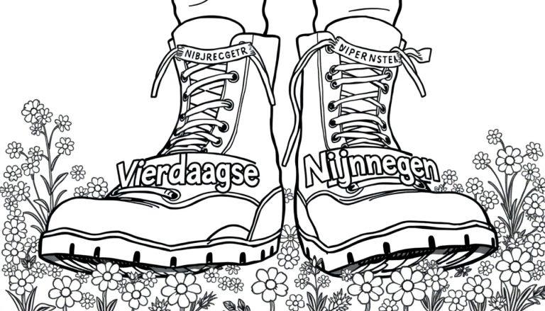 Vierdaagse Nijmegen kleurplaat wandelschoenen in bloemenveld