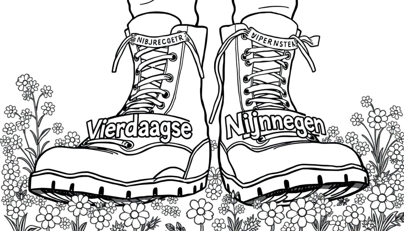 Vierdaagse Nijmegen kleurplaat wandelschoenen in bloemenveld