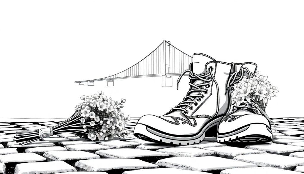 Kleurplaat van laarzen en bloemen op een pad na de Nijmeegse Vierdaagse.