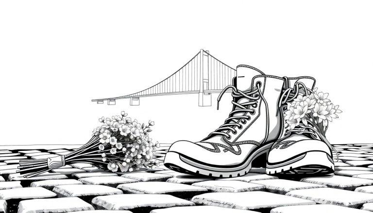 Kleurplaat van laarzen en bloemen op een pad na de Nijmeegse Vierdaagse.