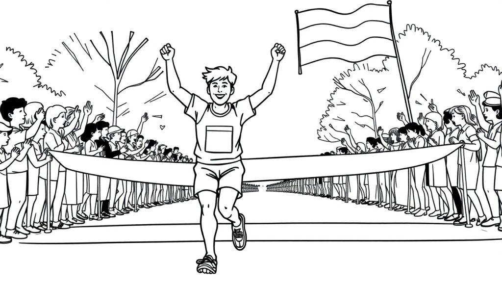 Kleurplaat van een blije hardloper die de finish haalt!