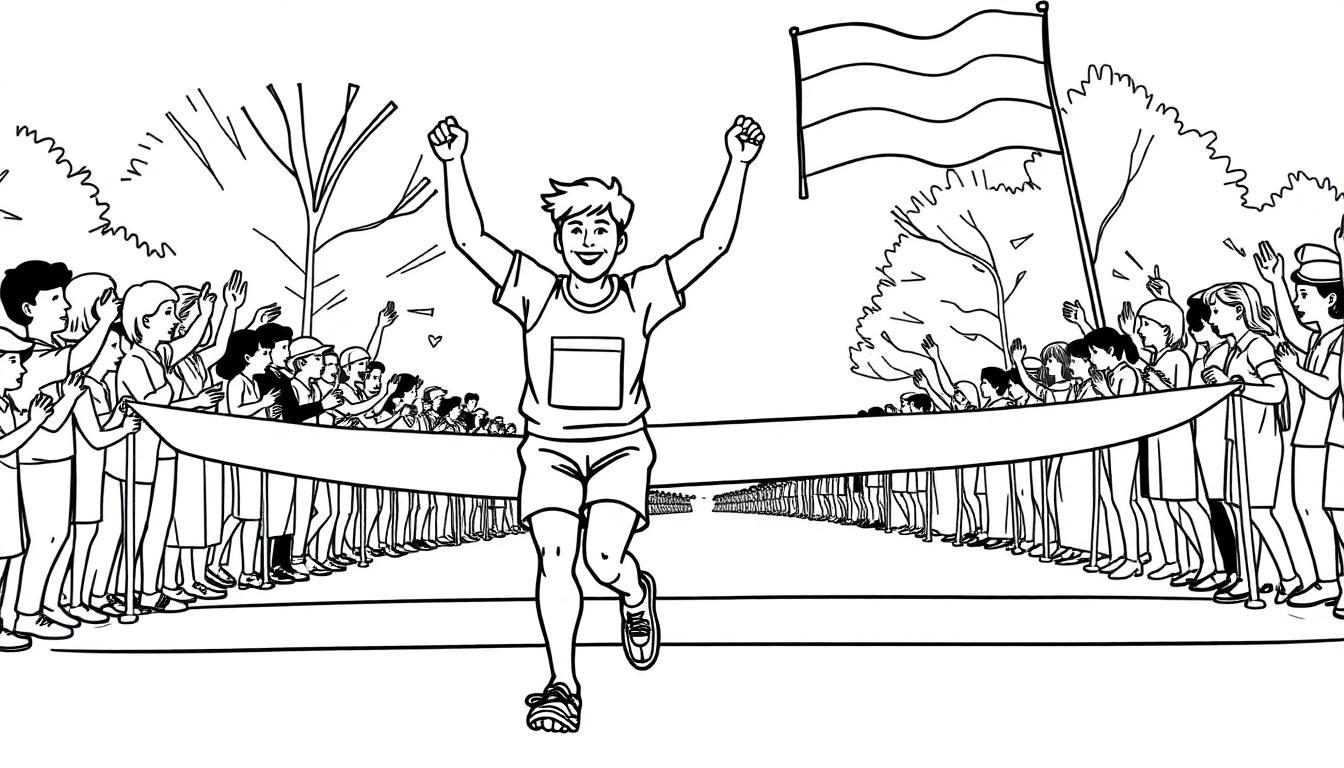 Kleurplaat van een blije hardloper die de finish haalt!
