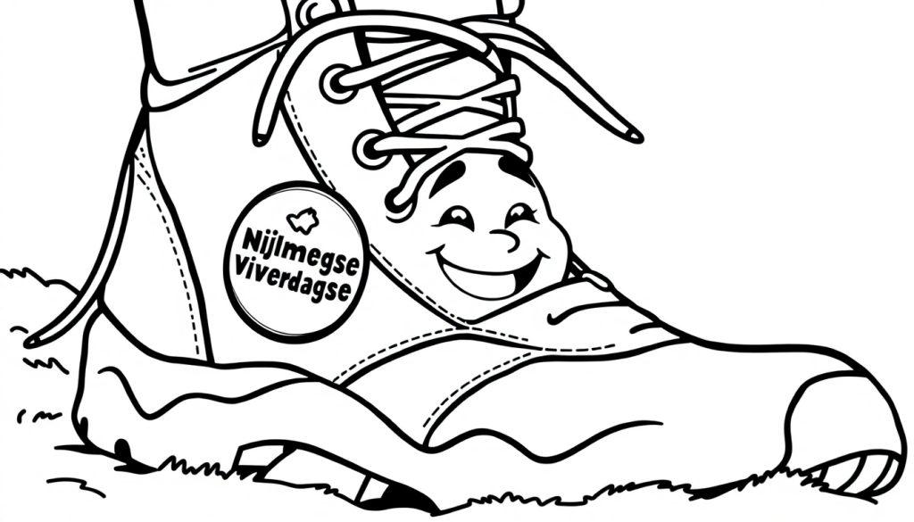 Nijmeegse Vierdaagse wandelschoen kleurplaat met een lachend gezicht.
