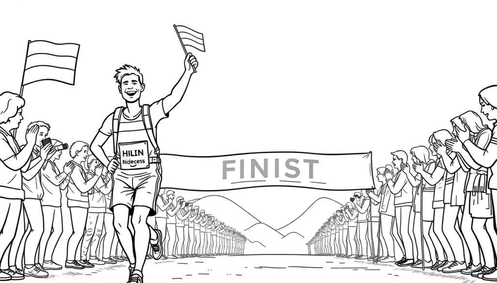 Kleurplaat van een vrolijke hardloper die de finish haalt van de Nijmeegse Vierdaagse!