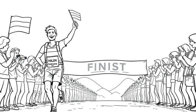 Kleurplaat van een vrolijke hardloper die de finish haalt van de Nijmeegse Vierdaagse!
