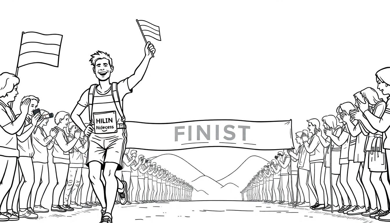 Kleurplaat van een vrolijke hardloper die de finish haalt van de Nijmeegse Vierdaagse!